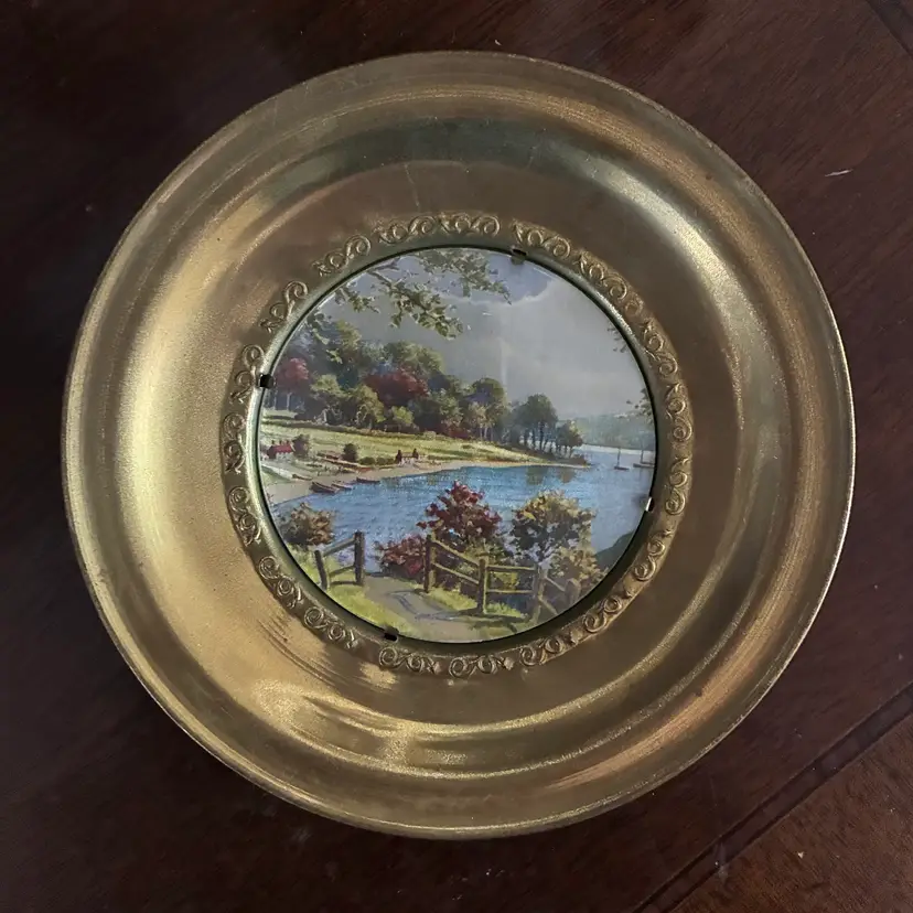 🐇Vintage English Brass Framed Lake Foil Art