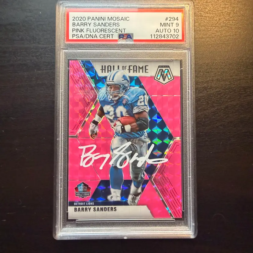 Barry Sanders 2020 Panini Mosaic Pink Fluorescent Auto /10