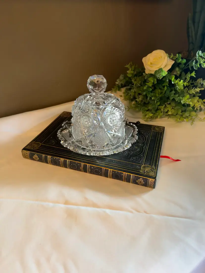 Antique American Brilliant Period Cut Glass Domed Butter Dish & Underplate ABCP Hobstar