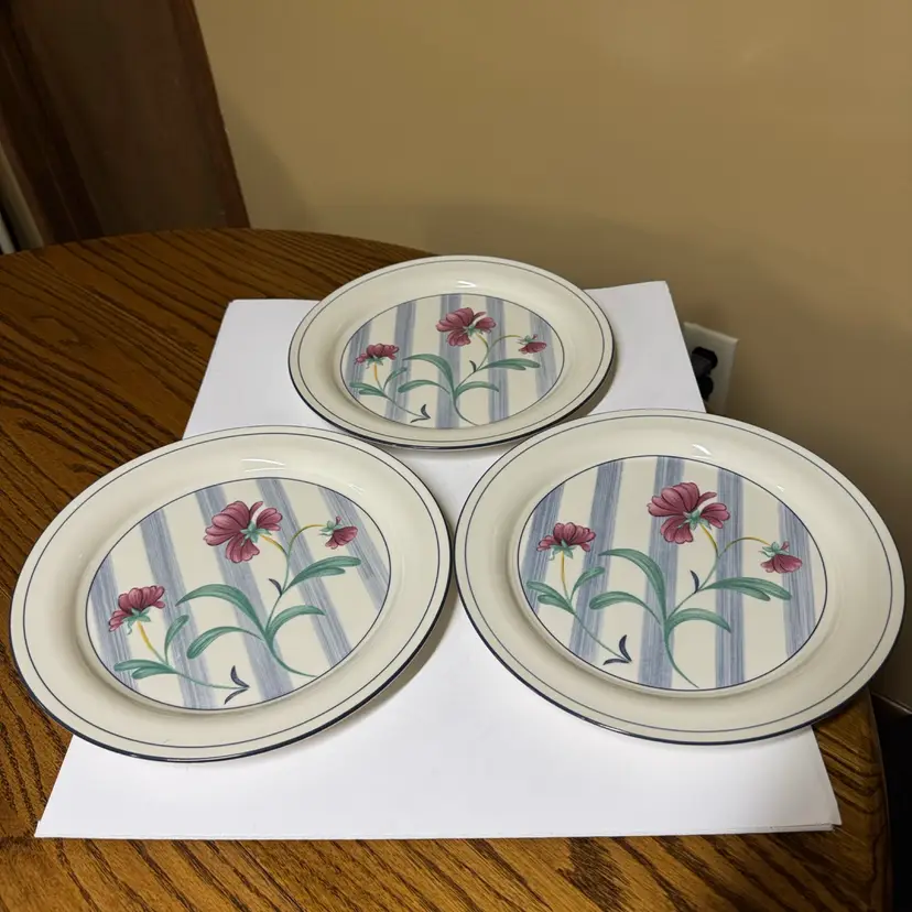 Lenox POPPIES ON BLUE BOTANICAL 10.75”Dinner Plates(3) Floral Stripe