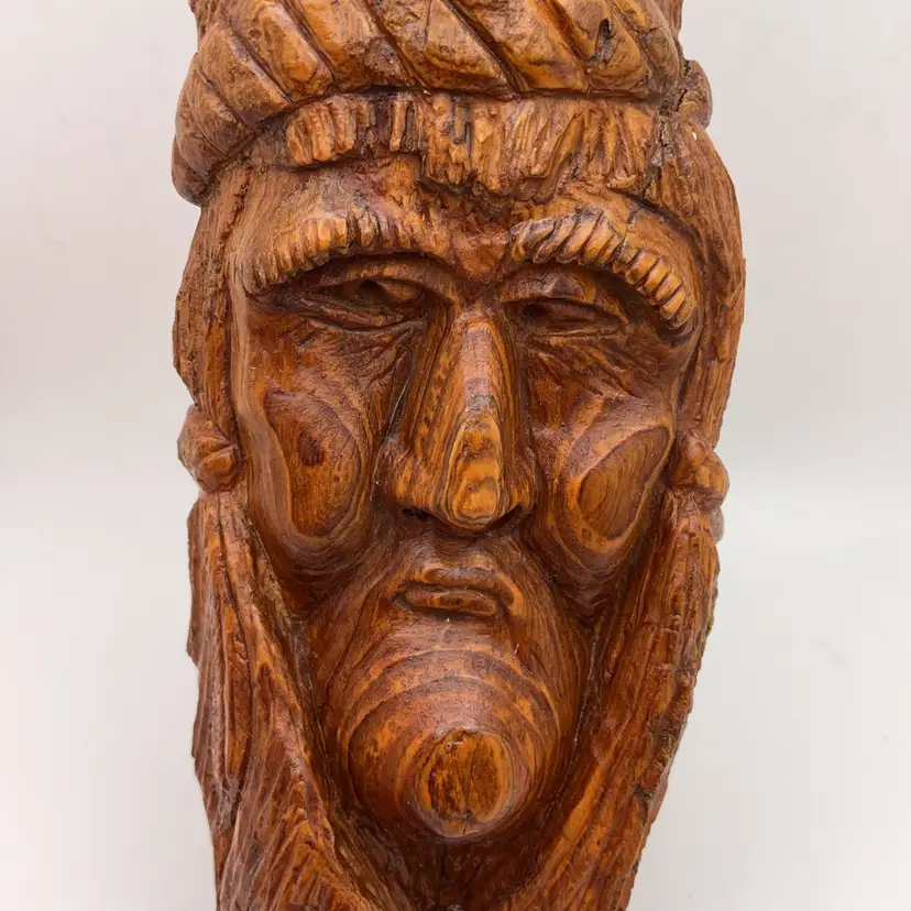 POW2 VTG Carved Wood Native American Indian Face 10” Folk Art Hand Made