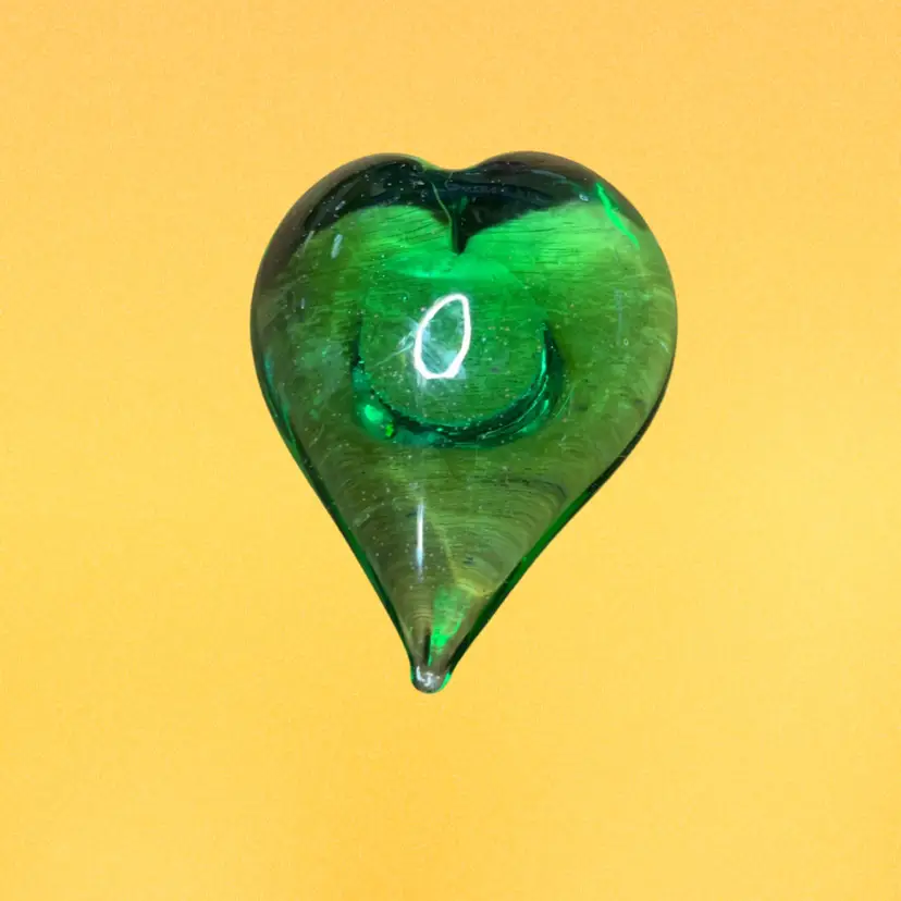 14. Green Glass Heart Paperweight 3” Diameter