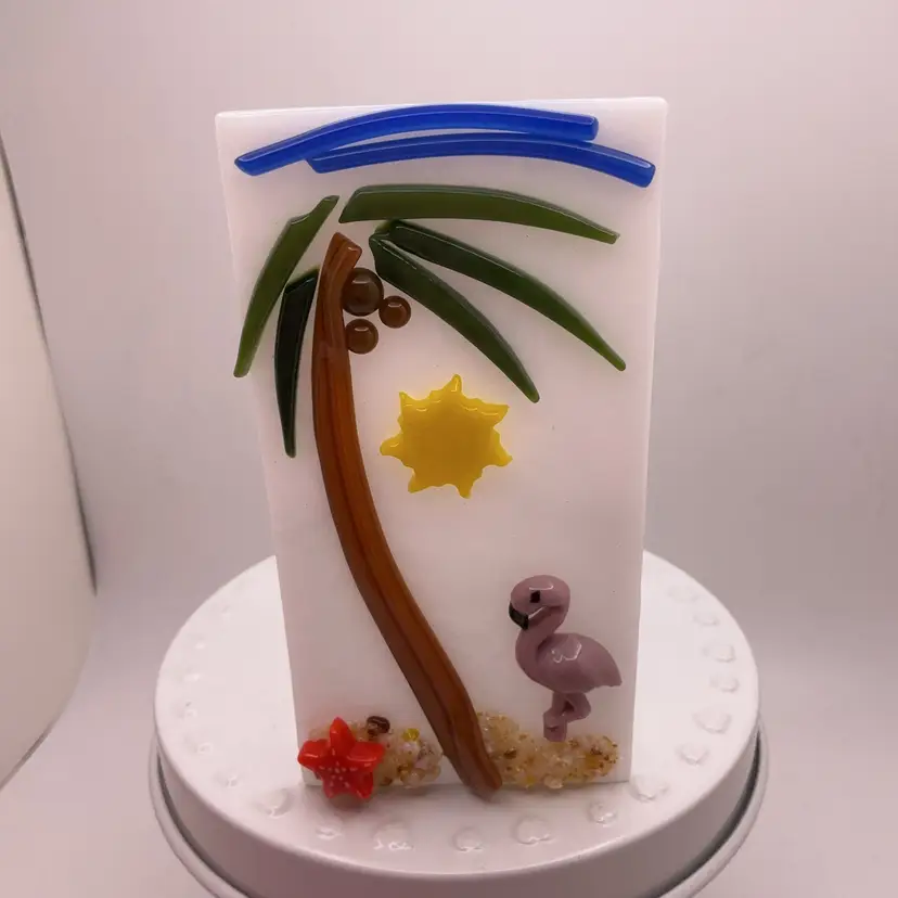 Made by Me! Fused Glass Tea Light 3D Flamingo Design 4" x 2" x 2" Studio Art Handmade