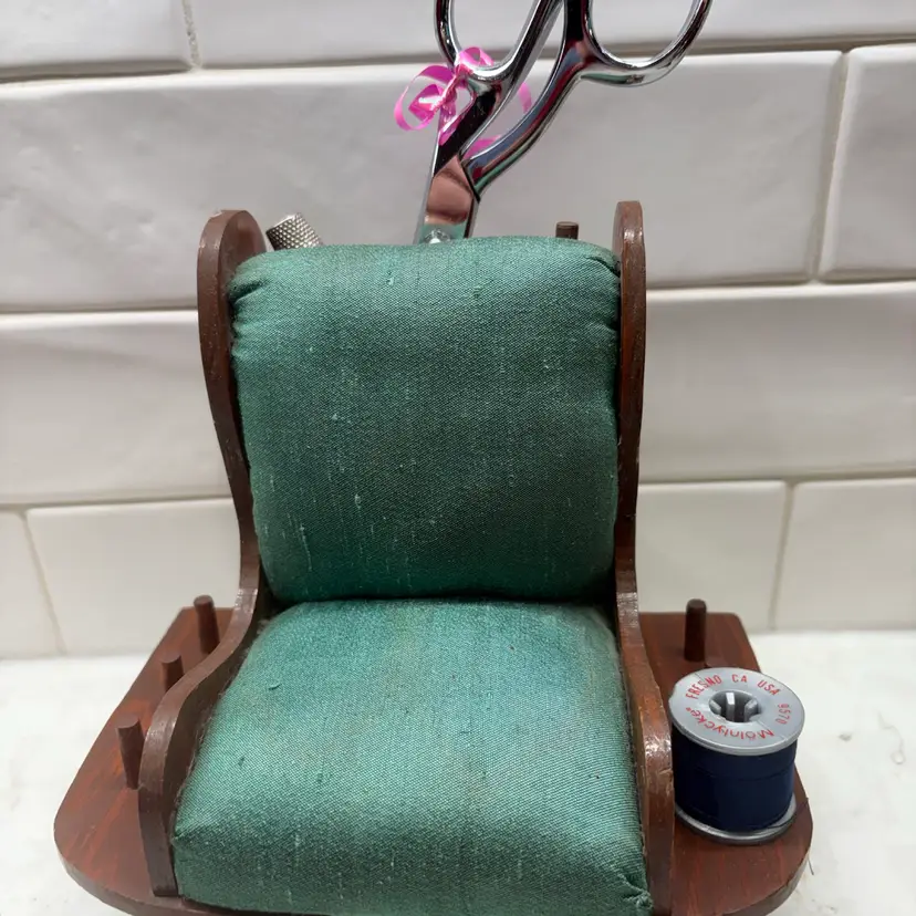 VTG Wood Sewing Rocking Chair Pin Cushion Holder Drawer Scissors, Thread Caddie
