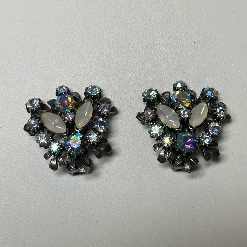 #14 - Florenza 1950-1960 Moonglow And AB Silvertone Clip On Earrings