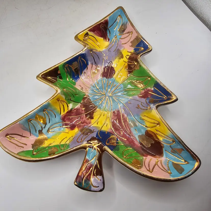 Studio Art Pottery candy dish bowl Signed embossed gold Christmas Tree