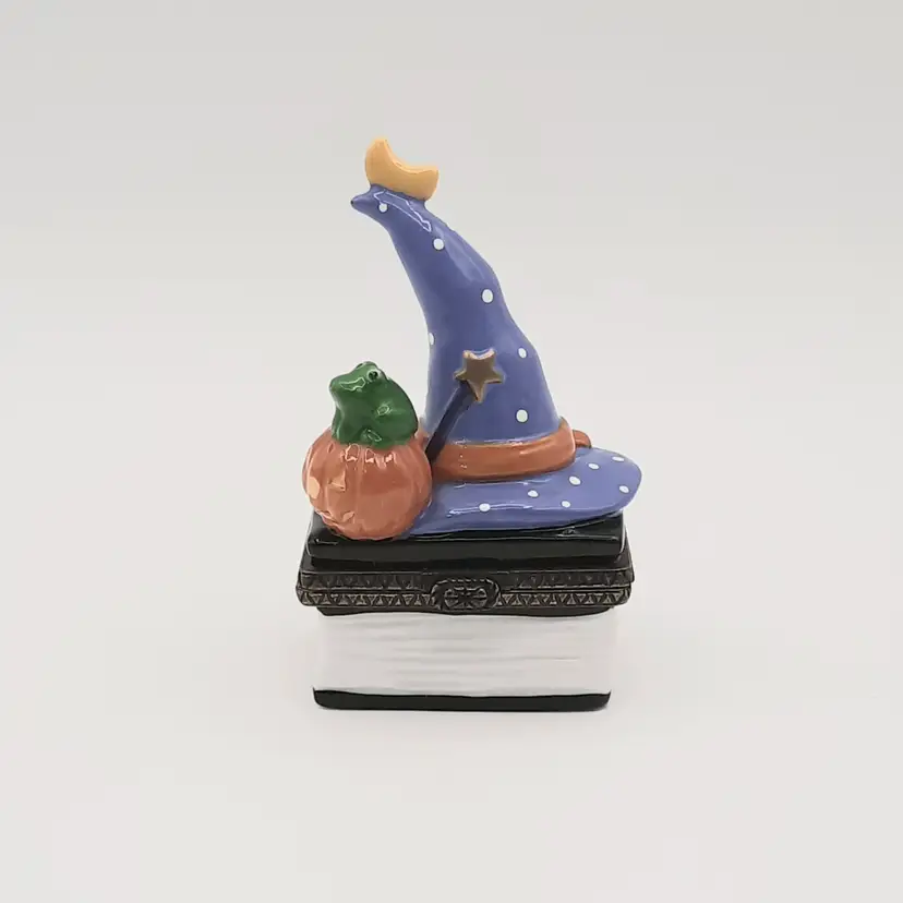 Midwest of Cannon Falls Halloween Spells & Potions Witch Hat Frog on Pumpkin Hinged Trinket Box