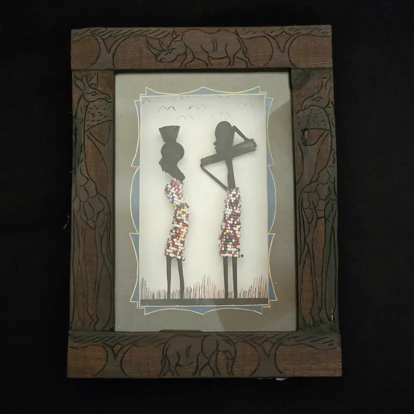 African Beaded Figurines Shadow Box Diorama Art with Hand Carved Animal Frame Folk Art Vintage