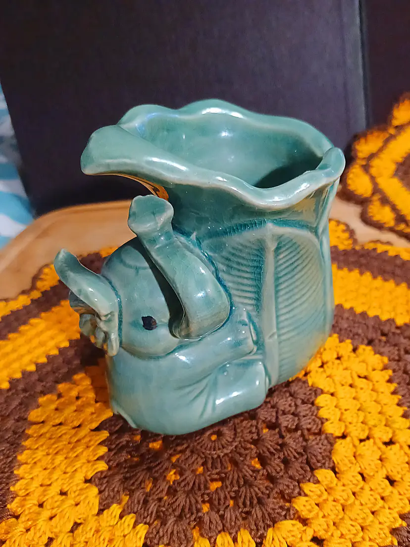 Vtg Small Green Lucky Elephant Trunk Up Bamboo Pottery Vase