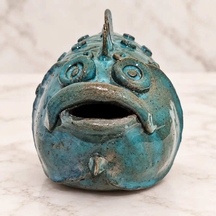 Vintage 1992 Signed Studio Pottery Fish Sculpture Turquoise Blue Whimsical Folk Art