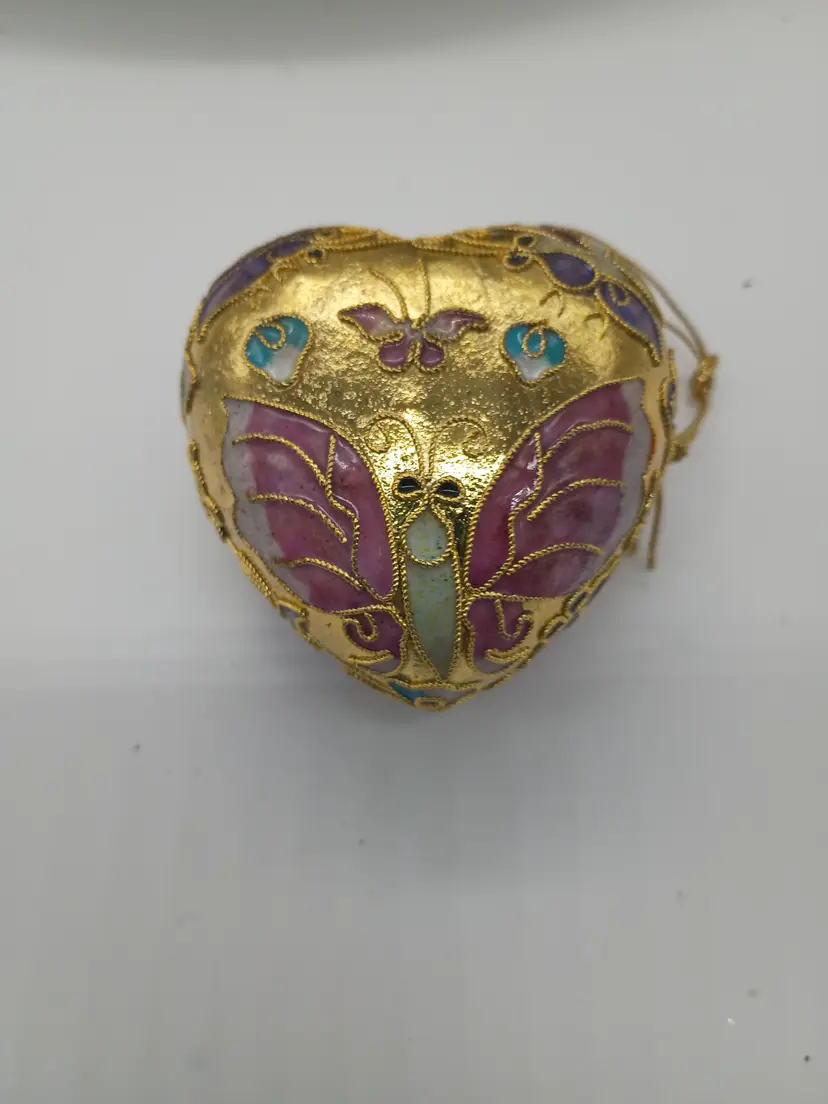 Cloisonné Christmas Ornament Puff Heart Floral & Butterfly Design.