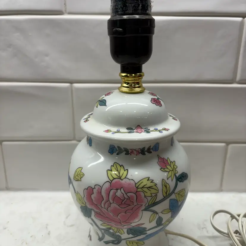 Vtg Chinoiserie Ginger Jar Boudoir Lamp - Pink Peony Blue Bird Floral Porcelain