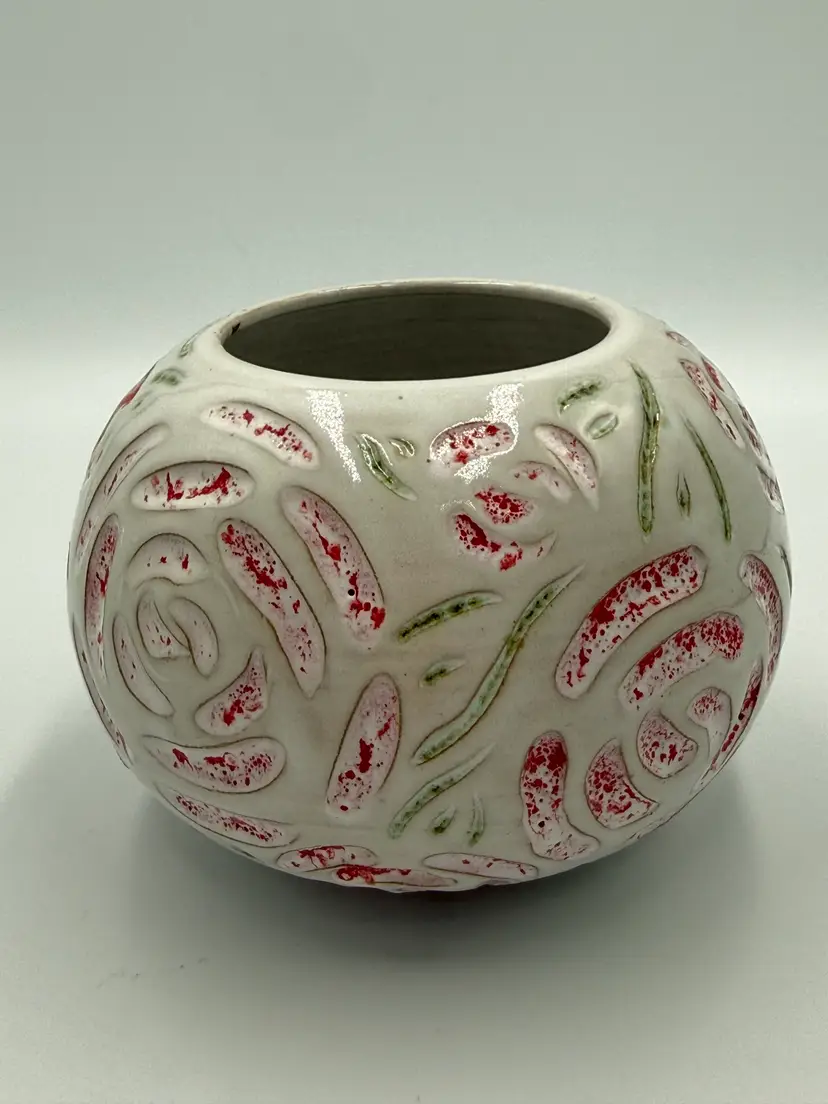 Studio Art Pottery Globe Vase Red Rose Floral Relief Carved Hand Thrown Signed