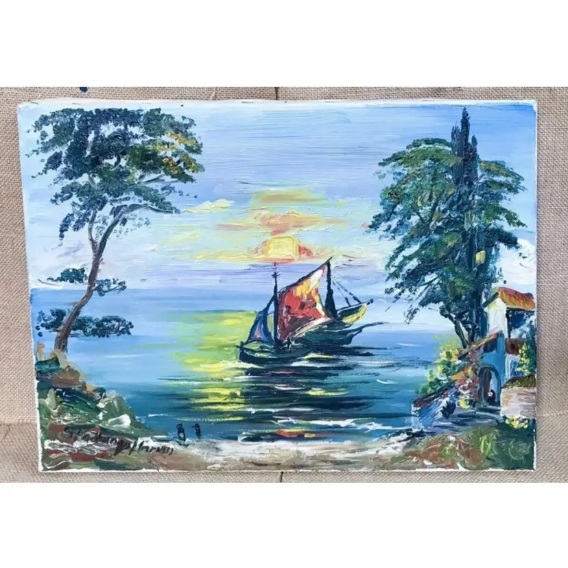 Vintage Sailboat Oil Painting Signed By Artist German Ocean Coastal Nautical