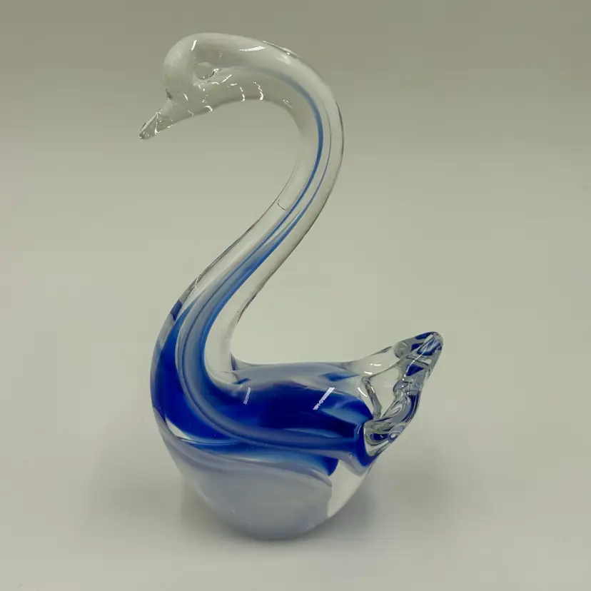 Hand Blown Clear Art Glass Swan Figurine Cobalt Blue And White Ribbon Swirl