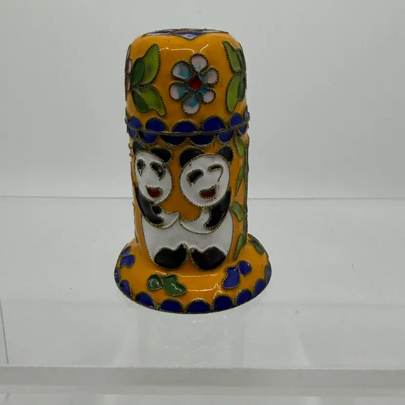 Vintage Cloisonne Enamel Yellow Floral , Panda & Bamboo  Toothpick Holder