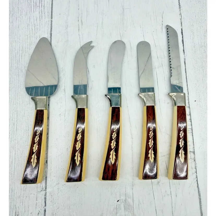 Regent Sheffield England Cheese Knife Set 5 Leaf Handle MCM Flatware Vtg