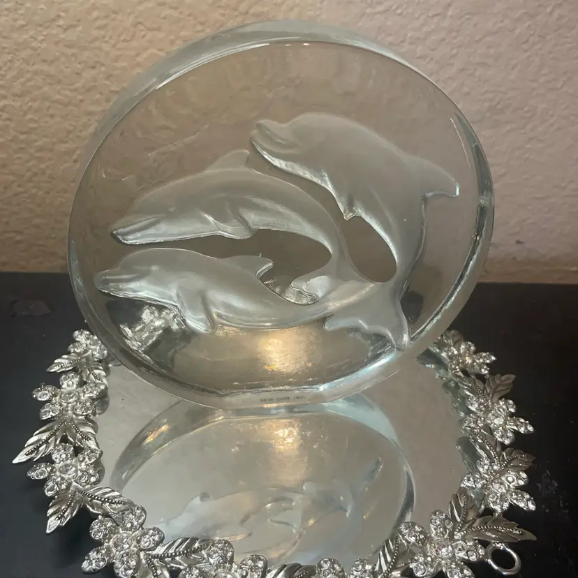 Gorgeous 1980 Viking Clear Glass Dolphin Paperweight