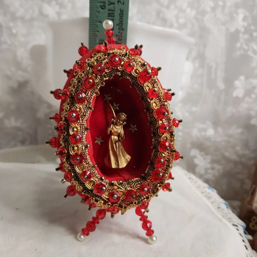 Vintage Red Jeweled Egg Ornament