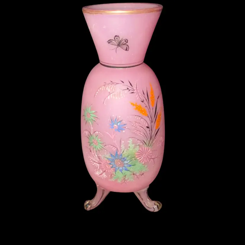 Antique Victorian Pink Satin Glass Footed Vase Hand Painted Floral Butterfly 3 Leg Tripod Base 3 Footed