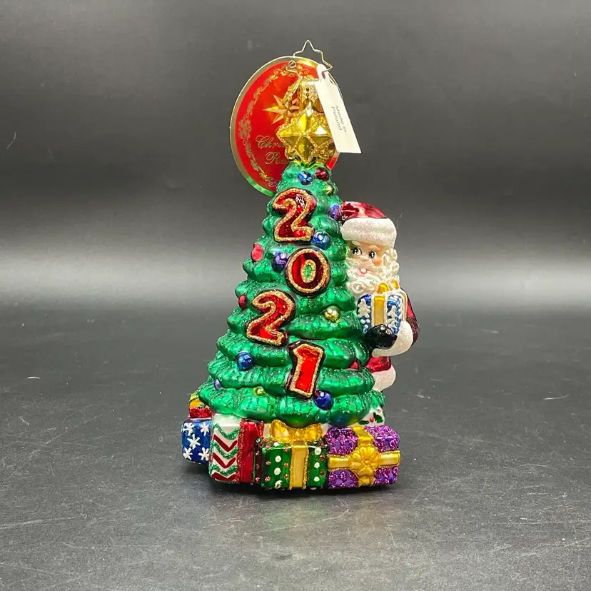 Christopher Radko Peaking Around 2021 Glass Ornament Santa Tree Original Tag