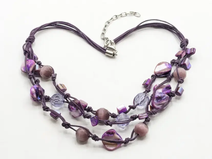 Purple Beaded and Shell Multi-Strand Corded Boho Necklace