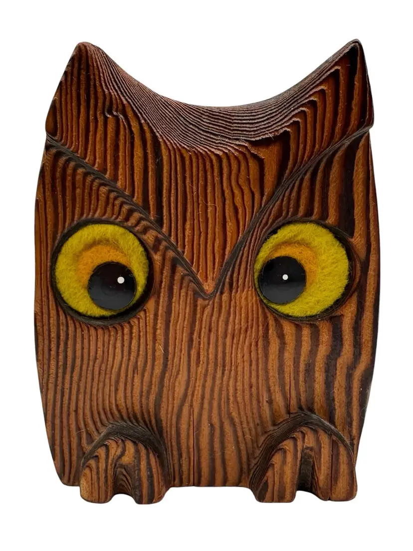 Vintage Cryptomeria Wood Owl Bird Figurine Felt Eyes Mid Century Kitsch 3.5”