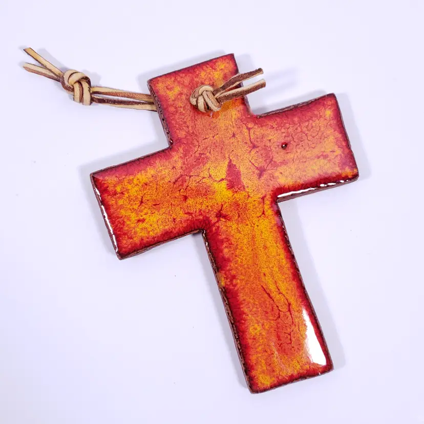 Hand Crafted Fire Red Orange Marbled Glaze Decorative Terracotta Pottery Cross
