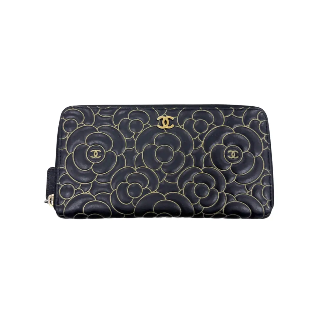Chanel Camellia Embossed Zip Around Wallet