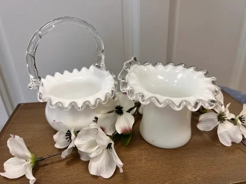 Vintage White Milk Glass Basket and White Milk Glass Ruffled Dish (set 2)