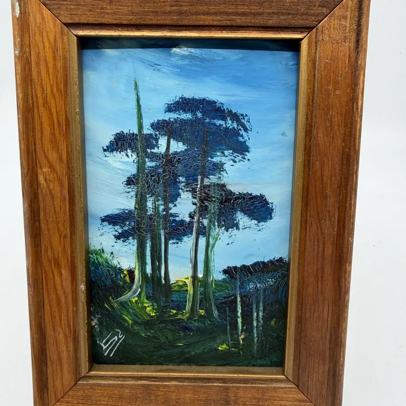 Vintage Mid Century Framed Forest Miniature Oil Painting Dark Trees Blue Sky Artist Signed