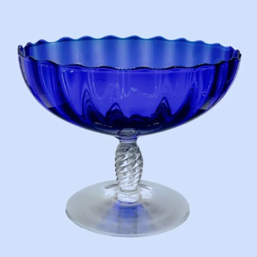 #002- Art Glass Vase Compote Blown Optic Glass Cobalt Twist Stem Scalloped Edge 7”