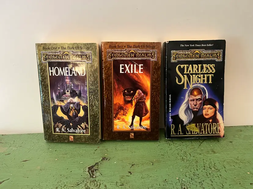 Forgotten Realms Vintage Paperback Novels. RA Salvatore Homeland, Exile, Starless Nights. Dark Elf Trilogy