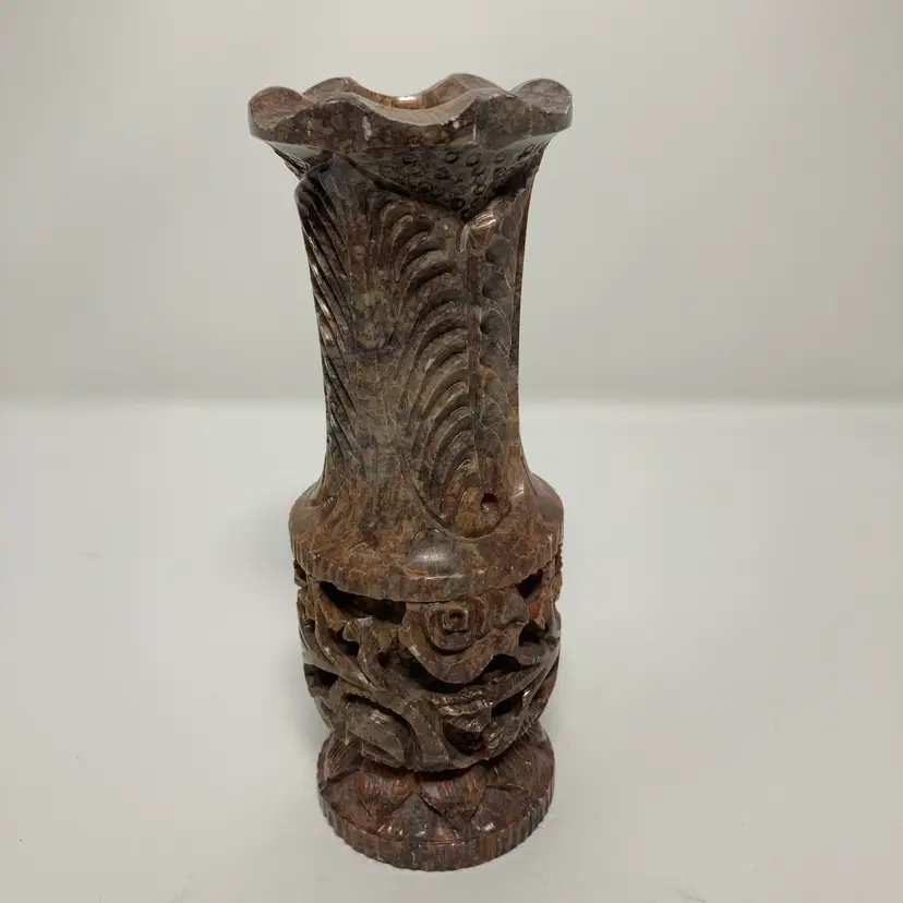 Vintage Stone Vase With Beautifully Carved Roses And Leaves! 5 3/4” Tall!