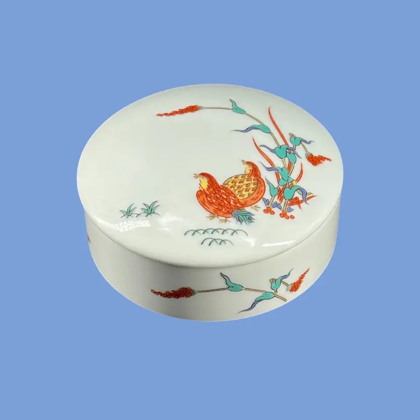 #310- Trinket Box (Koro)Japanese Arita Ware Kakiemon-Style Hand-Painted Quail & Millet Motif