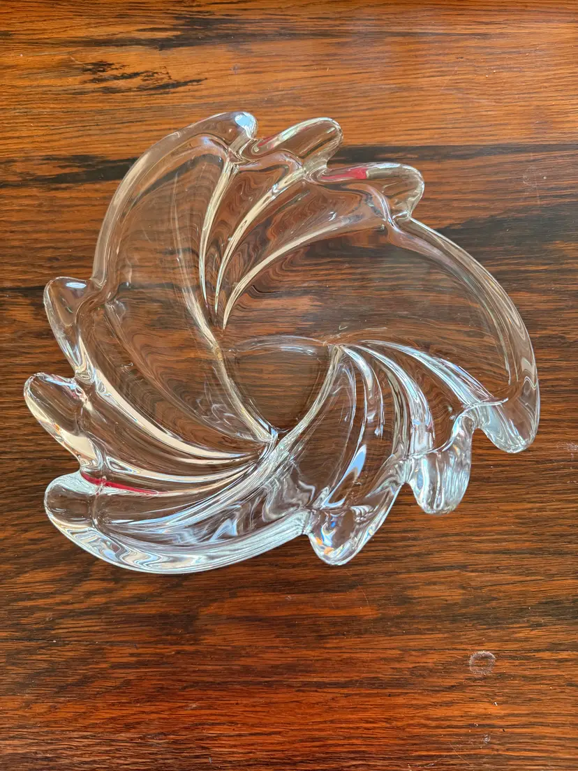 Vintage Heavy Crystal Swirl Bowl, Mid Century Modern Art Glass, Freeform Shell Dish, Clear Glass Centerpiece, MCM Decor