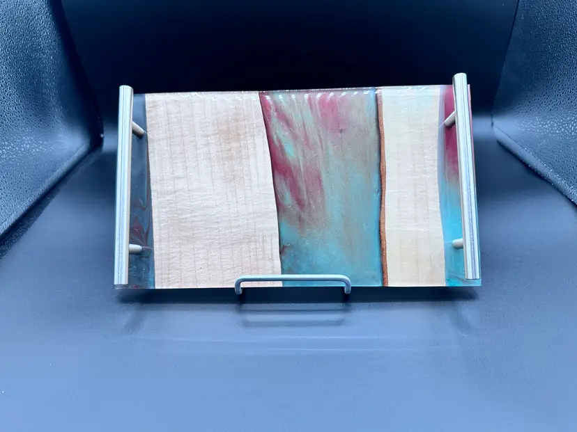 Reclaimed Maple Green Burgundy Epoxy River Tray, Silver Handles, Handmade Cocktail/Coffee Serving Tray