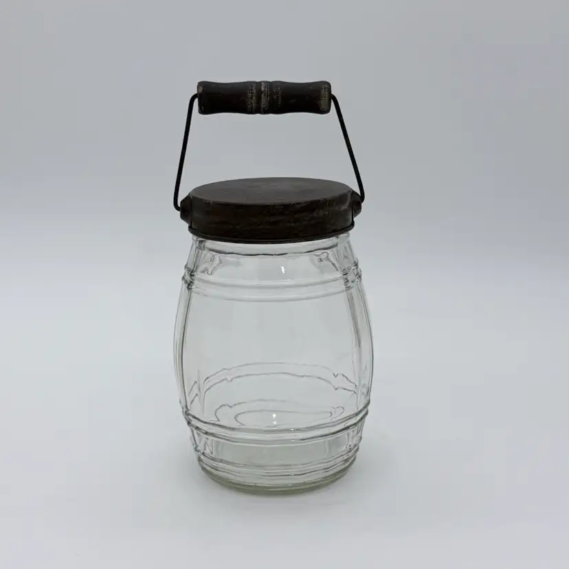 Vintage Rustic Barrel Jar With Metal Lid & Wood Handle Pickle Canister
