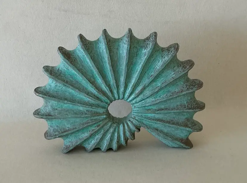 “Spira” Eucalyptus wood with Modern Masters Verdi Copper finish. 12”l x9”h x2”d. 7 day return policy (Buyer pays for shipping and must be safely packaged)