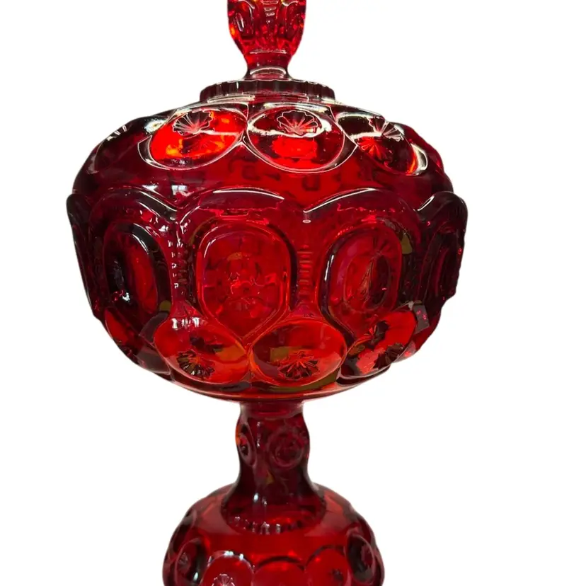 L.E. Smith Ruby Red Moon And Stars Vintage Large 13” Tall Compote 8” Wide