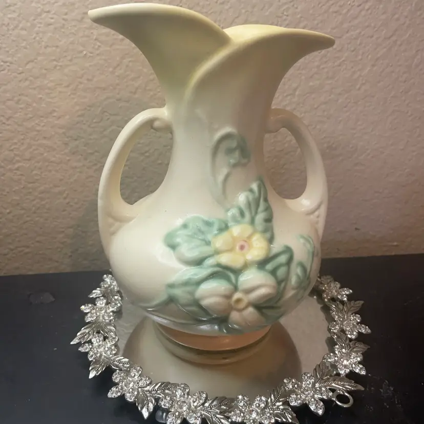 Gorgeous Hull USA 8” Amphora Vase With High Relief Florals