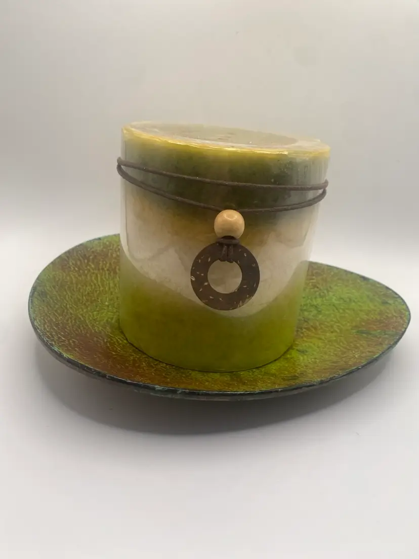 Vintage Pier 1 Imports Citrus Cilantro 4x4 Pillar Candle & Matching Ceramic Holder Set