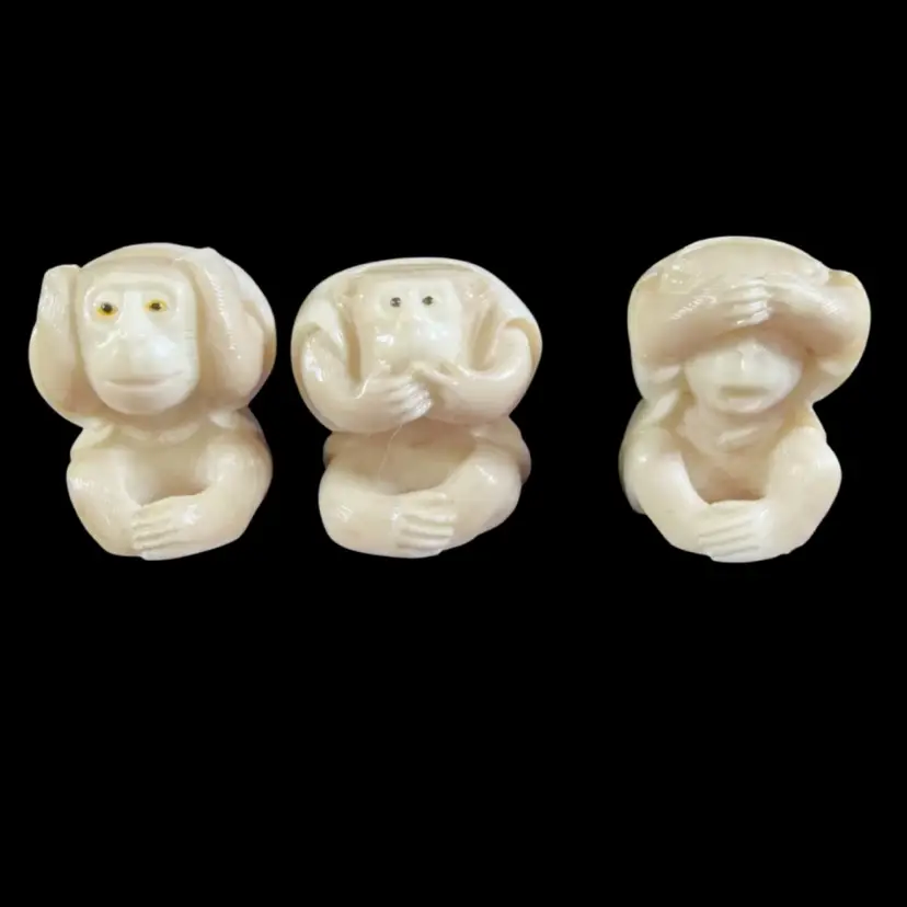 Vintage Resin Set 3 Wise Monkeys Hand Carved Okimono Japan Netsuke Figures