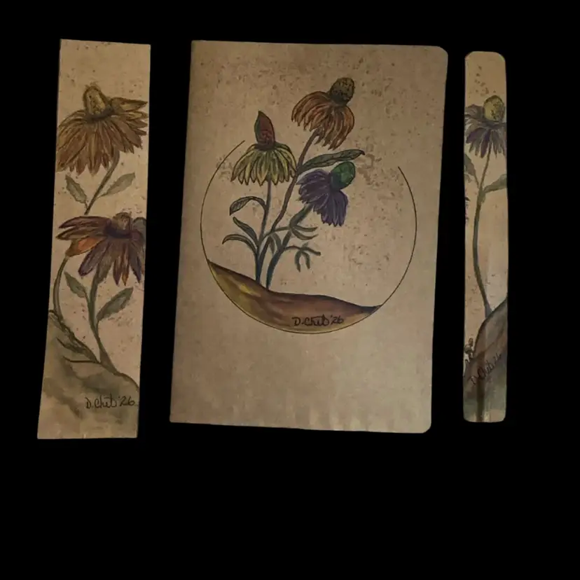 “Fall  Flowers” This Is A Set (journal,pen,bookmark) Of Original Watercolor Hand Painted Journal 5 3/4” X 8  1/4” With UnLined Blank Pages, 9 1/2” X1” A Blue Ink Mushroom Pen, And A 9”x3 1/4” Laminated Mushroom Bookmark