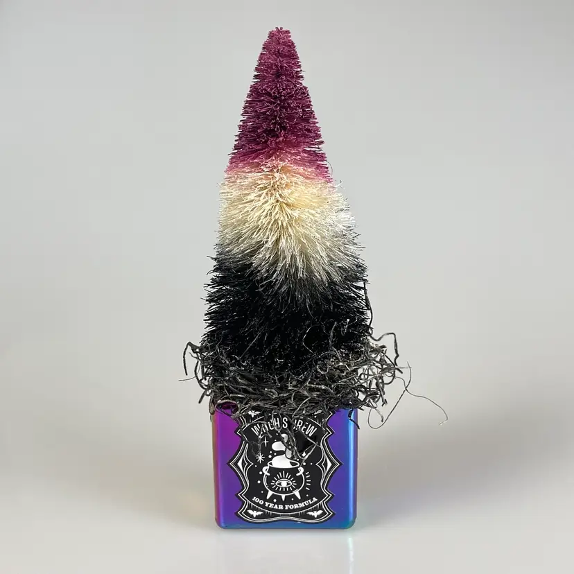 Purple, White, Black Bottle Brush Tree in Iridescent Glass Jar Halloween Decor 7.25”
