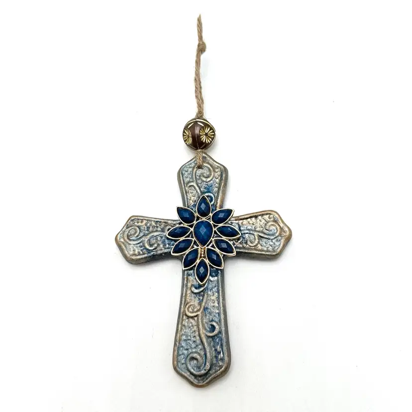 Ceramic Cross Ornament Blue Repurposed Jewelry 5.76” L X 3.75” W