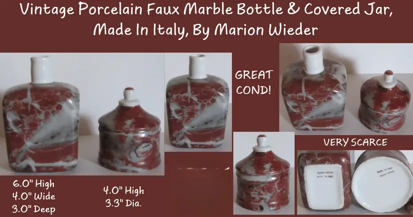 Vintage Faux Marble Porcelain Jar and Bottle Made in Italy By Marion Wieder, Scarce