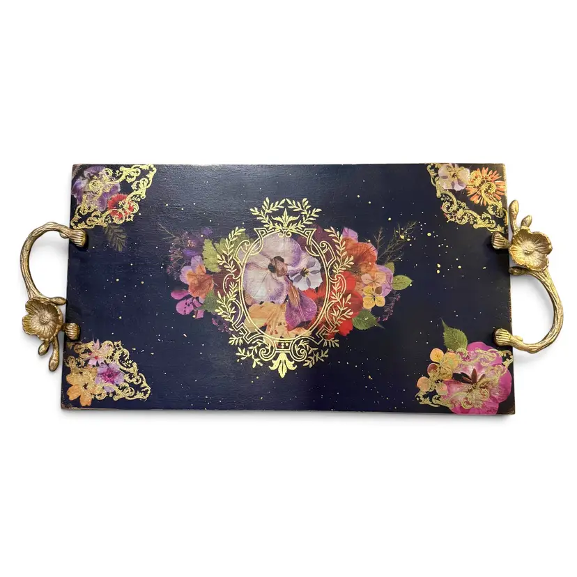 Hand Painted Wooden Decorative Tray with Brass Handles Upcycled