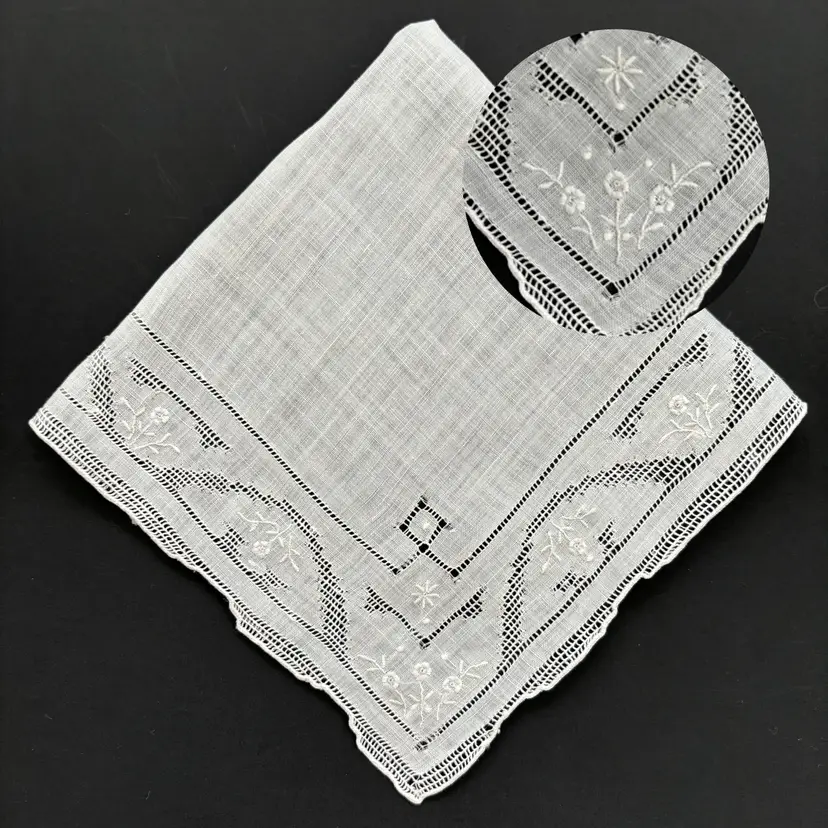 Embroidered Drawnwork Heirloom Wedding Handkerchief Cottage Vintage Bride