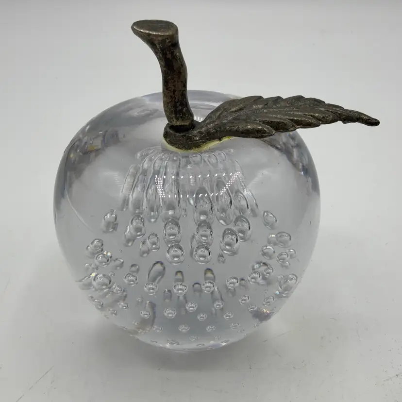 Clear Glass Bubble Apple With Metal Stem/Leaf Paperweight